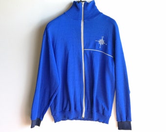 1980's Sports Jumper. Unisex Zippered Sports Jacket. Retro Running Tracksuit. Vintage Sports Training Wear. Blue Wool Jogging Windbreaker