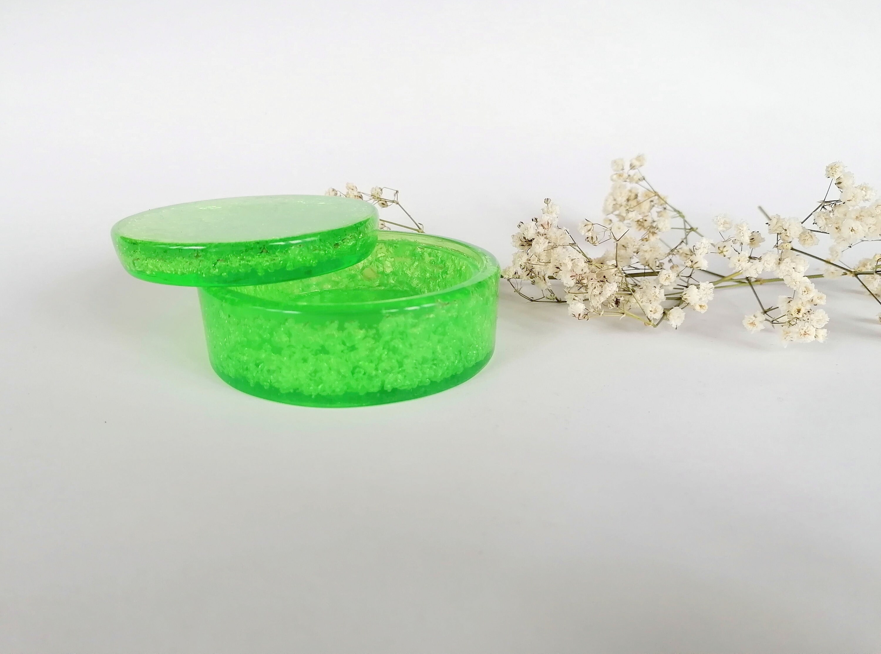 Bright Green Glass Imitation Round Box. Small Plastic Jewelry Box. Stained Glass Effect Box