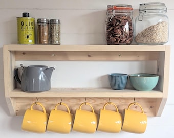 Rustic reclaimed wooden kitchen mug shelf with double shelf for extra kitchen storage, great for spices, coffee equipment, jars etc