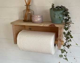 Reclaimed wooden kitchen roll holder with shelf