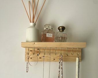 Reclaimed wooden jewellery hanger/organiser with shelf perfect for perfumes, diffusers featuring 10 hooks entry hall shelf with key storage
