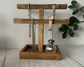 Reclaimed wooden Jewellery stand / necklace organiser / headphone hanger with tray  with double rails for extra storage