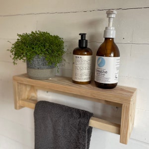 Reclaimed wood hand towel rail with Shelf made from reclaimed materials with a natural finish, sustainable handmade homeware / decor