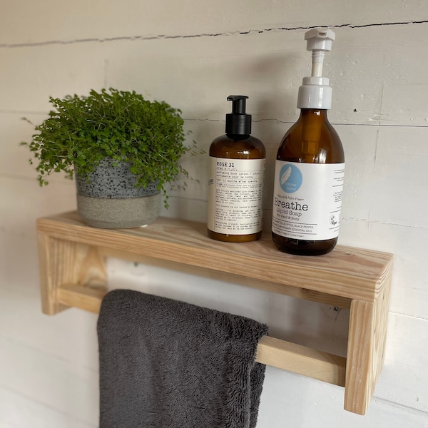 Reclaimed wood hand towel rail with Shelf made from reclaimed materials with a natural finish, sustainable handmade homeware / decor