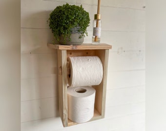 Rustic reclaimed wood toilet roll holder with shelf and storage