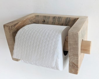 Rustic reclaimed wood toilet roll holder made from 100% reclaimed materials with a natural finish, sustainable handmade homeware / decor