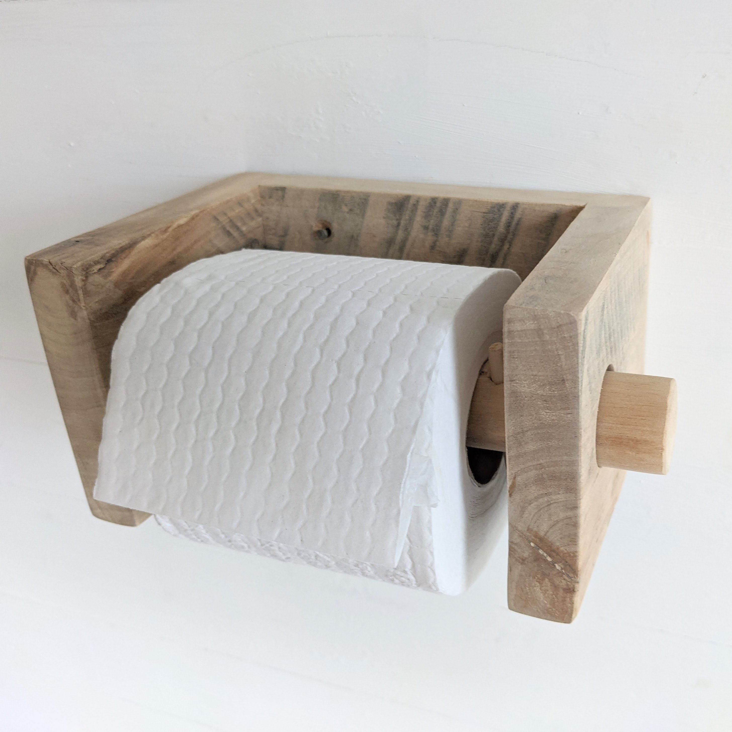 grey wooden toilet roll holder