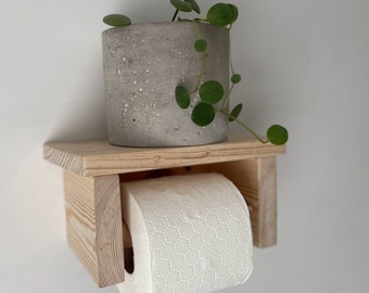 Rustic reclaimed wood toilet roll holder with shelf