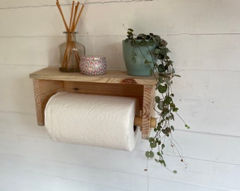 Reclaimed wooden kitchen roll holder with shelf