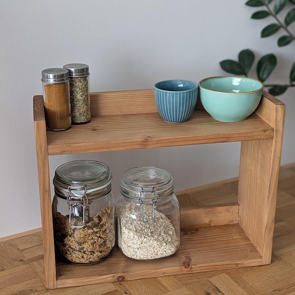 Two tier worktop space saver, storage shelf, countertop storage, display unit, organiser, spice rack made from reclaimed wood.
