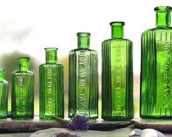 Antique Bottles, Green Glass Poison Bottles, Vintage Bottles, Apothecary Bottles, Victorian Bottles, Pharmacy Bottle, decor, Potion bottles