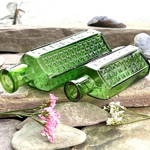 Antique Apothecary Bottles, Coffin Poison bottles, Studded Emerald Green Glass Bottles, Victorian Pharmacy Bottles, 2 sizes available superb