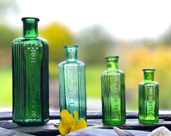 Antique Bottles, Green Glass Poison Bottles, Vintage Bottles, Apothecary Bottles, Victorian Bottles, Pharmacy Bottle, decor, Potion bottles