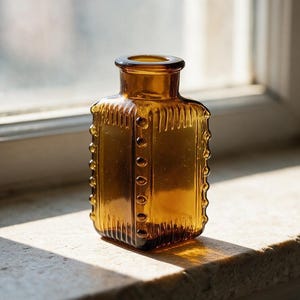 Vintageflaska, VACKER TRANGULÄR 1900-tals antik giftflaska, viktorianskt djupt bärnstensfärgat glas, flaskformad, fantastisk apoteksflaska