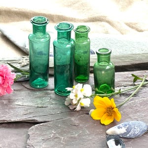 Tiny Antique Apothecary Bottles, Vintage Homeopathic Bottle, Green Glass Bottle, Antique Bottles, Medicine bottles, Potion Bottle, bud vase,