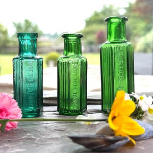 Wonderful Antique Bottles, Vintage Poison Bottles, Green Glass Antique Bottles, Victorian Bottle, Apothecary Bottles, potion bottles,