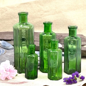 Antique Bottles, Green Glass, Poison Bottles, Vintage Bottles, Apothecary Bottles, Victorian Bottles, Pharmacy Bottle, decor, Potion bottles