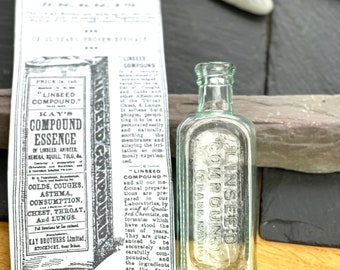 Antique Aqua Glass Quack Cure Bottle: Kay Brothers Linseed Compound, c1915