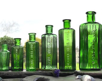 Antique Bottles, Green Glass Poison Bottles, Vintage Bottles, Apothecary Bottles, Victorian Bottles, Pharmacy Bottle, decor, Potion bottles