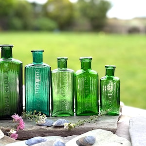 Antique Bottles, Green Glass Poison Bottles, Vintage Bottles, Apothecary Bottles, Victorian Bottles, Pharmacy Bottle, decor, Potion bottles