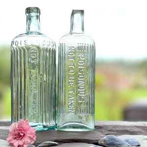 Choice of 2 Superb Vintage Poison Bottles, Rare POISONOUS wording, Green Aqua glass, apothecary bottles, Pharmacy Bottles, Antique Bottles