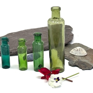 Tiny Antique Bottles, Green Glass Bottles, Vintage Apothecary Bottles, Homeopathic Bottles, Medicine bottles, Potion Bottle, Vintage Bottles