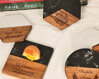 Personalized Marble Wood Coaster Set: Engraved Wedding Favors