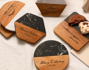 Posavasos de madera de mármol personalizado, posavasos personalizados con nombres de familia, posavasos grabados a granel para favores de boda, regalo de compromiso/boda/inauguración de la casa