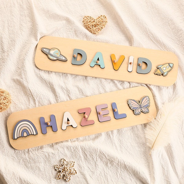 Holz personalisierte Baby Namen Puzzles, benutzerdefinierte Name Elements Puzzle für Kinder, erste Weihnachten 1. Geburtstagsgeschenk für Baby Mädchen Jungen, Kleinkind Spielzeug