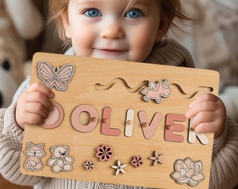 Gepersonaliseerde babynaam drukke bordpuzzels voor leren en spelen, dieren op maat houten speelgoed voor kinderen, Montessori peuterspeelgoed, babymeisje cadeau
