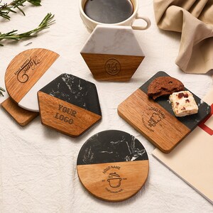 Logo Engraved Coaster Set, Custom Monogrammed Coasters Bulk, Personalized Marble Wood Coasters, Custom Corporate Gift, Business Guest Favors