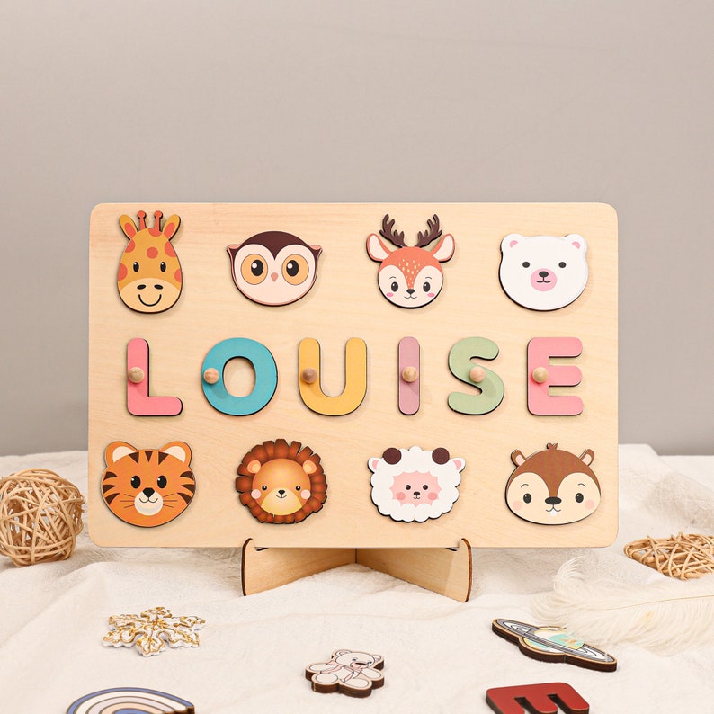 Tiere Personalisierte Busy Board Puzzles zum Lernen und Spielen,kundenspezifisches hölzernes Babynamen-Puzzle,Montessori-Kleinkindspielzeug,Baby-Jungen-Mädchen-Geschenke Bild 5