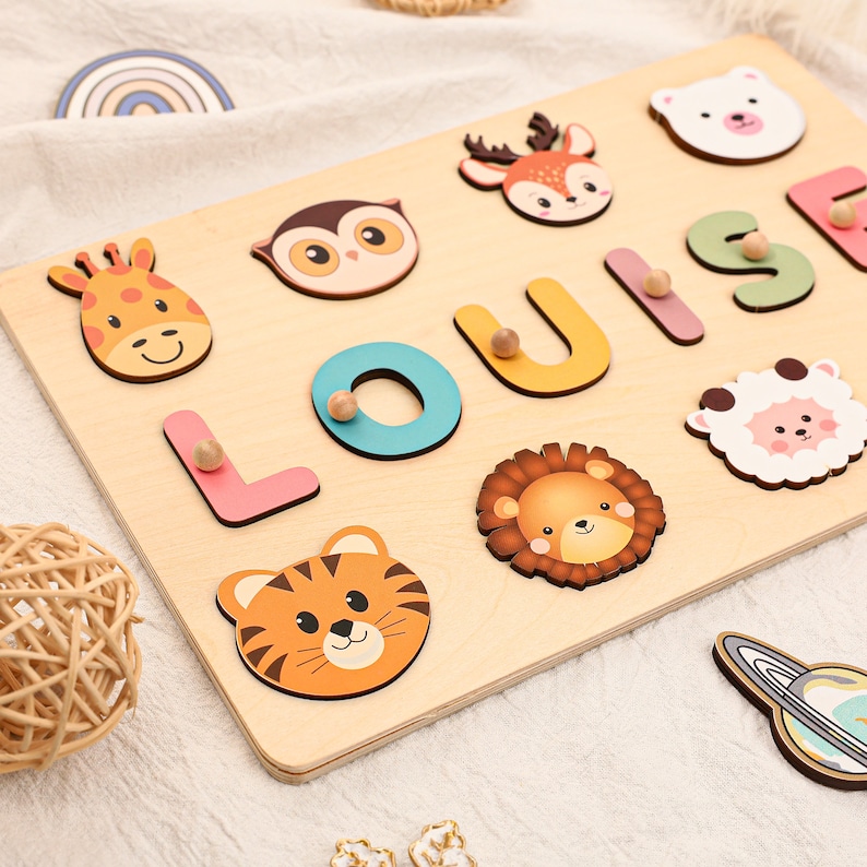 Tiere Personalisierte Busy Board Puzzles zum Lernen und Spielen,kundenspezifisches hölzernes Babynamen-Puzzle,Montessori-Kleinkindspielzeug,Baby-Jungen-Mädchen-Geschenke Bild 3