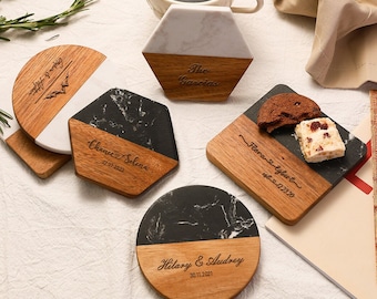 Ensemble de sous-verres de mariage en vrac personnalisés, cadeaux de mariage pour invités, sous-verres gravés en bois en marbre personnalisés, sous-verres monogrammes, cadeau de pendaison de crémaillère