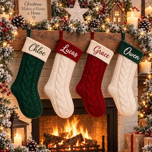 May include: Four cable-knit Christmas stockings hanging in a row. The first is dark green with a cream cuff labelled Chloe, the second is cream with a red cuff labelled Lucas, the third is red with a cream cuff labelled Grace, and the fourth is cream with a dark green cuff labelled Owen.