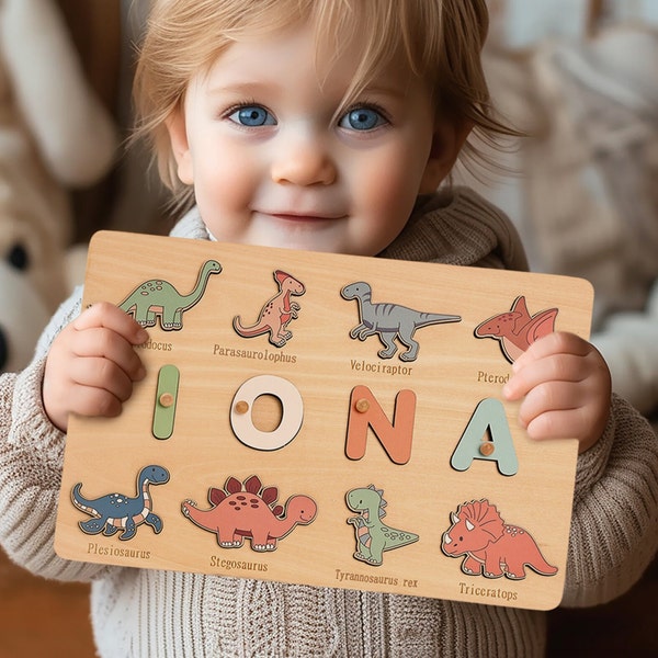 Dinosaur Personalized Name Puzzles, Custom Baby Name Wooden Puzzle Toy For Kids, Montessori Toddler Toys for Learning and Play,Baby Boy Gift