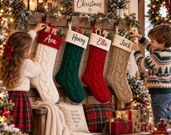 May include: Four cable-knit Christmas stockings hanging from a wooden mantel, each featuring a personalized name tag: Ava in red, Henry in green, Ella in red, and Jack in tan. The stockings are decorated with small gift boxes and greenery.