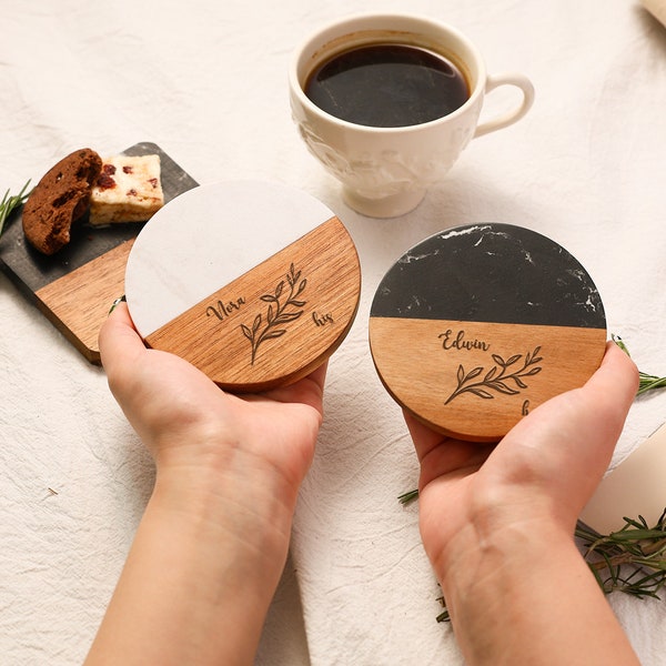 Personalised Couples Coaster Set, Couple/Gay Couple Custom Coaster Gifts, Engraved Wooden Black/White Marble Coaster, His Her Name Coasters