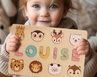 Dieren gepersonaliseerde drukke bordpuzzels voor leren en spelen, aangepaste houten babynaam puzzel, Montessori peuterspeelgoed, babyjongens meisjes geschenken