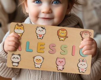 Aangepaste handgemaakte naampuzzel met dieren, gepersonaliseerd verjaardagscadeau voor kinderen, Montessori puzzel speelgoedcadeaus voor peuters, uniek nieuw babycadeau