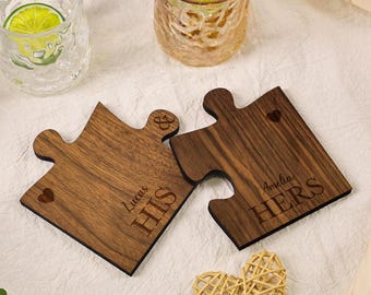 Posavasos de madera personalizados para parejas, diseño de pieza de rompecabezas personalizado