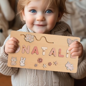 Personalized Baby Name Animal Puzzles for Learning and Play, Custom Cute Wooden Puzzle Toy For Kids, Montessori Toddler Toys, Baby Girl Gift