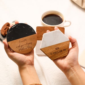 Custom Mother&#39;s Day Coasters, Engraved Marble Wood Coaster Set, Personalized Gift for Housewarming, Wedding, Anniversary, Gift for Her