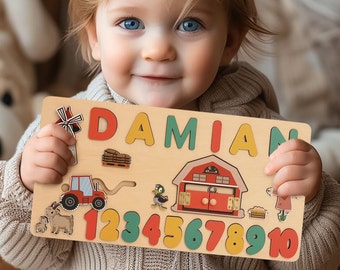 Funny Farm gepersonaliseerde drukke bordpuzzels voor leren en spelen, aangepaste houten babynaampuzzel, gepersonaliseerd voorschoolse puzzelspeelgoed voor kinderen