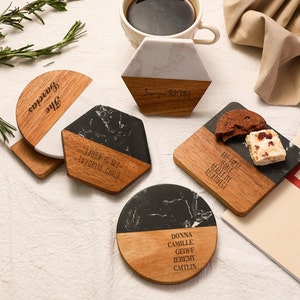 Custom Engraved Coasters Set, Made for Wedding Gift, Housewarming Bridal Shower Couple Anniversary Gift, Personalized Marble Wood Coasters