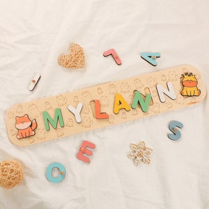Rompecabezas de madera con nombre personalizado de animales de dibujos animados para niños, rompecabezas personalizado con nombre de bebé de zorro y jirafa, juguetes de madera para niños pequeños, regalo único para recién nacidos.