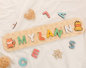 Cartoon Animals Custom Name Wooden Puzzle for Kids,Personalized Fox & Giraffe Baby Name Puzzle,Wooden Toys for Toddlers,Unique New Baby Gift