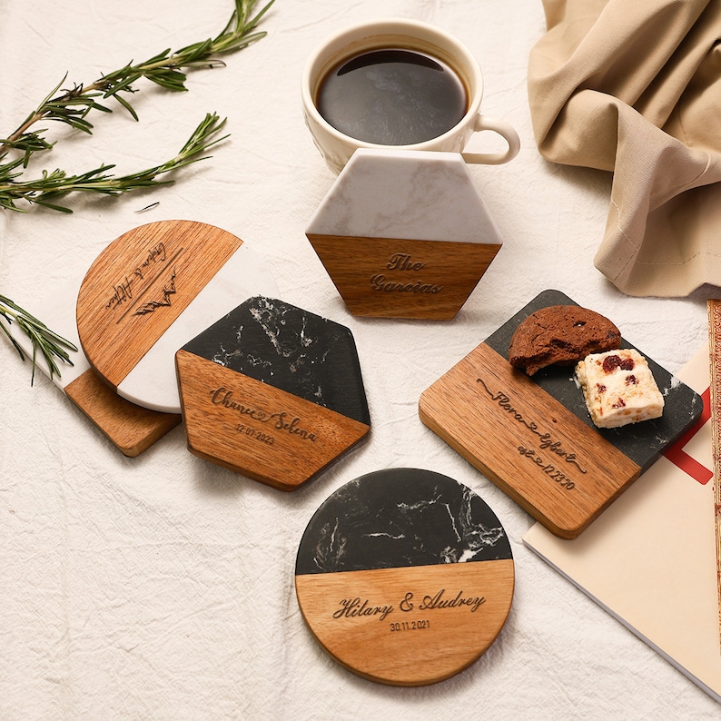 Personalized Family Names Coaster, Custom Marble Wooden Coaster, Wedding Favors Bulk Engraved Coasters, Engagement/Wedding/Housewarming Gift zdjęcie 7