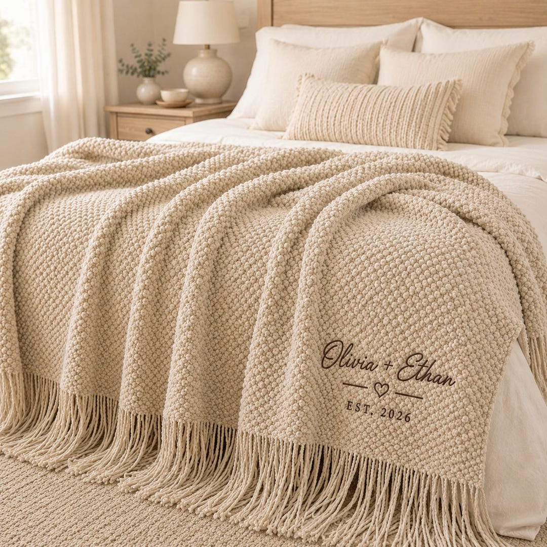 Personalized Wedding Knit Blanket, Custom Embroidered Throw Blanket with Names and Date, Anniversary Gift for Couple, Cozy Fringe Blanket - Ivory, 50 x 90.6 inches
