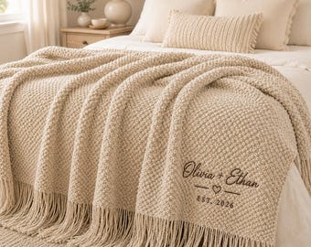 Personalized Wedding Knit Blanket, Custom Embroidered Throw Blanket with Names and Date, Anniversary Gift for Couple, Cozy Fringe Blanket